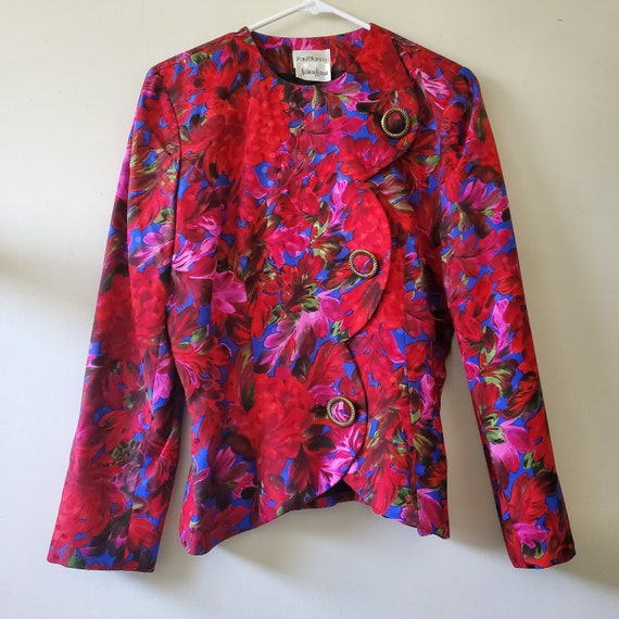 Vintage Red Pink Floral Print Silk Blazer Jacket … - image 4