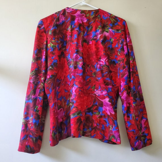 Vintage Red Pink Floral Print Silk Blazer Jacket … - image 5