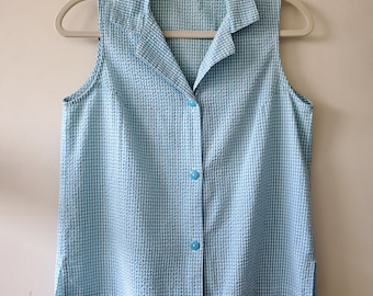 Vintage 90er Jahre Seersucker Baumwolle Bluse in pastellblau Vichykaro
