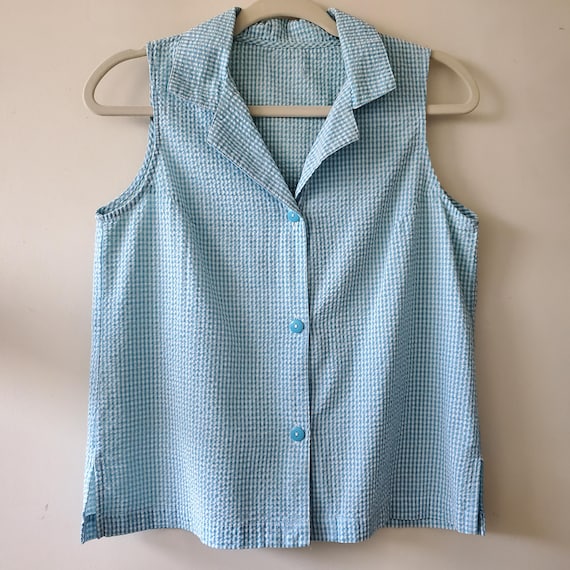 Vintage 90s Pastel Blue Gingham Seersucker Cotton Button Up Blouse Shirt