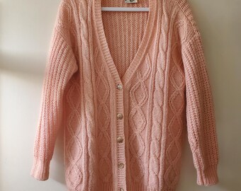 Vintage 80er Jahre Pastell Lachs Rosa Mohair Zopfmuster Strickjacke
