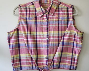 Vintage Wrangler Madras Kariertes Ärmelloses Cropped Top Button Up Shirt, 100% Baumwolle