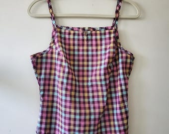 Vintage Y2K 2000er Jahre lila rosa buntes Gingham kariertes Hemdchen Tank Top