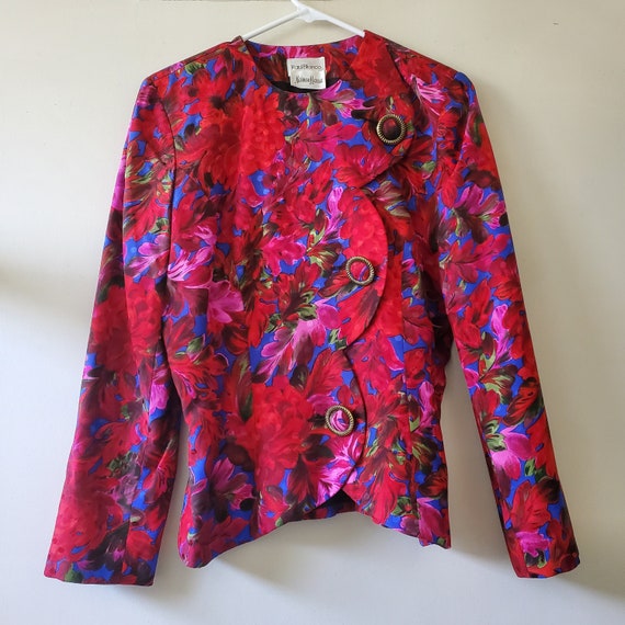 Vintage Red Pink Floral Print Silk Blazer Jacket … - image 1