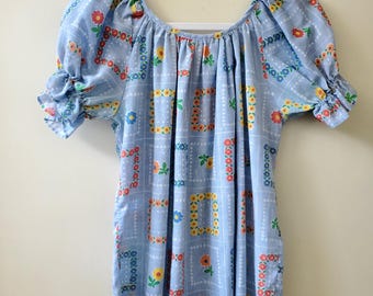Vintage 1970s Light Blue Cotton Floral Pattern Cottagecore Blouse Top