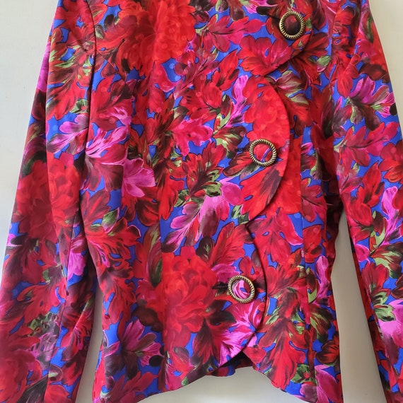 Vintage Red Pink Floral Print Silk Blazer Jacket … - image 2