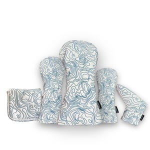 Embroidered Topographic Golf Club Headcover Set: Pure White Vegan Leather Carolina Blue Details
