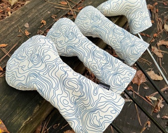 Golf Club Headcover Full Set Driver Wood Hybrid Putter Leather Topographic Edition Pure White / Embroidered Carolina Blue Blue Ridge Golf Co