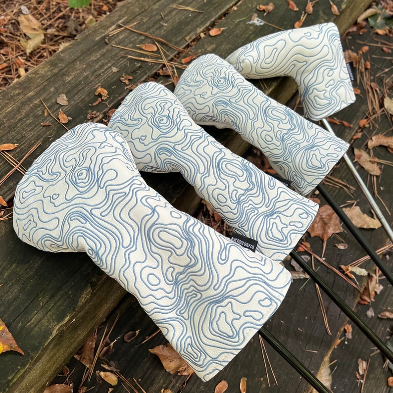Golf Club Headcover Full Set Driver Wood Hybrid Putter Leather Topographic Edition Pure White / Embroidered Carolina Blue Blue Ridge Golf Co image 1