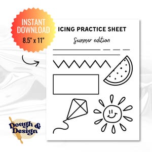 May include: A white A4 icing practice sheet with summer-themed line art. Features a watermelon slice, kite, sun, and geometric shapes for practicing icing techniques. The sheet is an instant download.