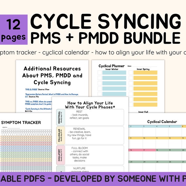 Cycle Syncing Bundle - PMDD Symptom Tracker - PMS Resources  - Period Planner - Period Calendar