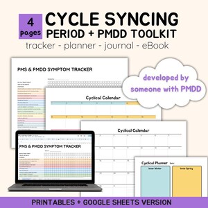 Puede incluir: Un kit de herramientas digital imprimible para rastrear y gestionar los síntomas del síndrome premenstrual (SPM) y el trastorno disfórico premenstrual (TDPM). El kit incluye un rastreador de síntomas, un calendario cíclico y un planificador. El texto "desarrollado por alguien con TDPM" está incluido en una nube morada.