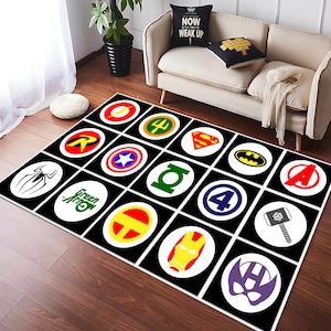 Super Hero Logos Rug,Movie Rug,Fantastic Rug,Movie Decor,Colorful Rug,Hypebeast Rug,Unique Rug,Area Rug,Kids Room Rug,Gifts For Him