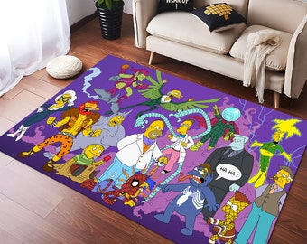 May include: A purple rug with a cartoon design featuring characters from the Simpsons and Spider-Man. The rug features a variety of characters, including Homer Simpson, Spider-Man, Venom, and Doc Ock. The rug is a great way to add a touch of fun and whimsy to any room.