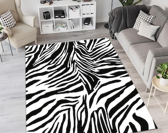 Zebra Pattern Area Rug, Modern Black and White Cotton Rug