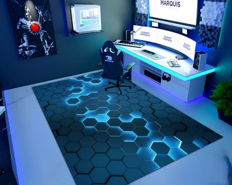 Neon Geometric Gamer Rug: E-Sport Play Room Decor