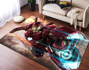 May include: A red and blue superhero rug featuring Iron Man flying with his fist outstretched. The rug has a detailed illustration of Iron Man's suit and a background of smoke and fire.