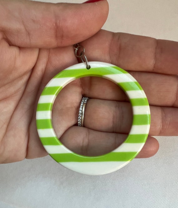 Acrylic Green White Striped Hoop Earrings Vintage… - image 6