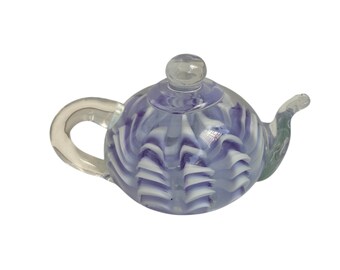 Glass Purple and White Ribbon Teapot Paperweight