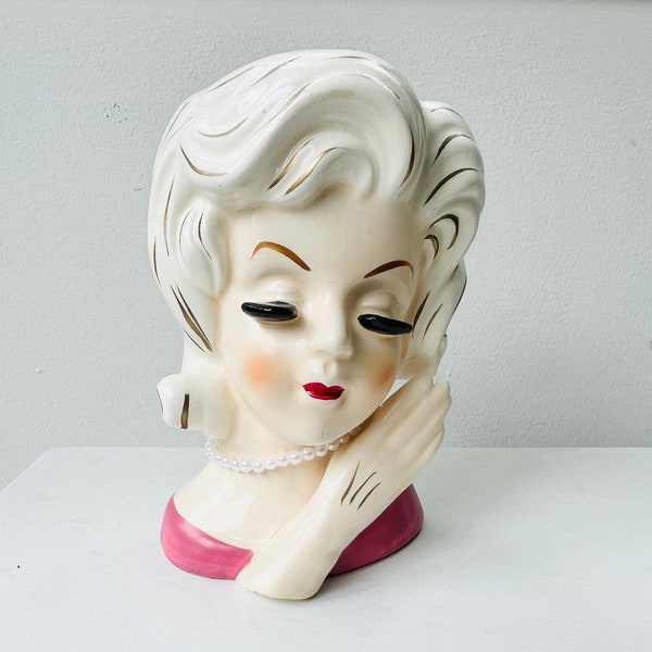 Lady Head Vintage Vase - Pink Dress and Pearl Necklace