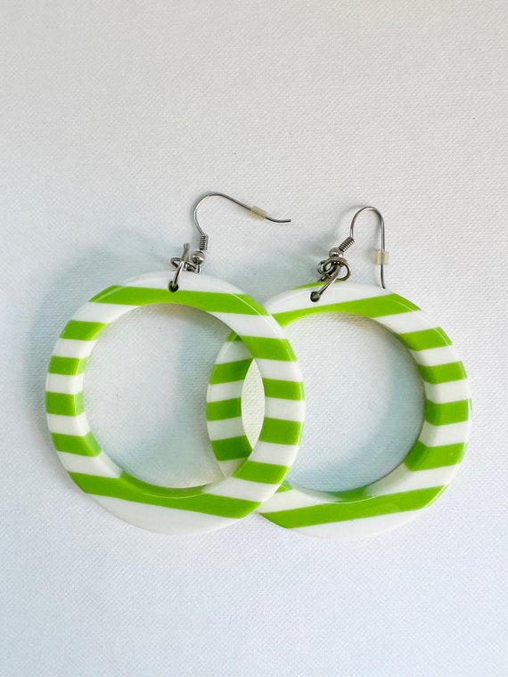 Acrylic Green White Striped Hoop Earrings Vintage… - image 1