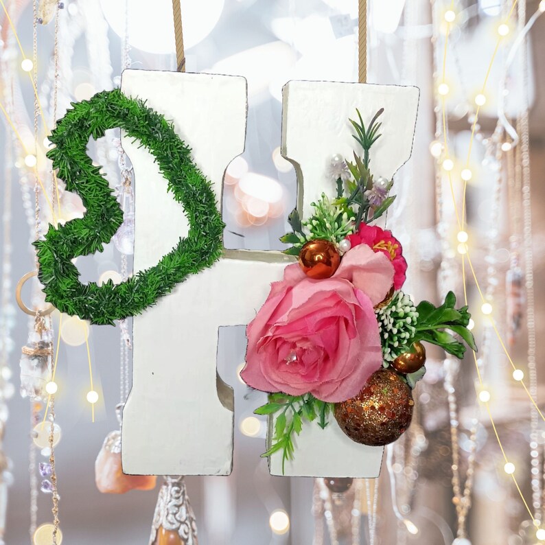 Handmade Carved & Floral Personalized Wood Letter H, Home Decor and