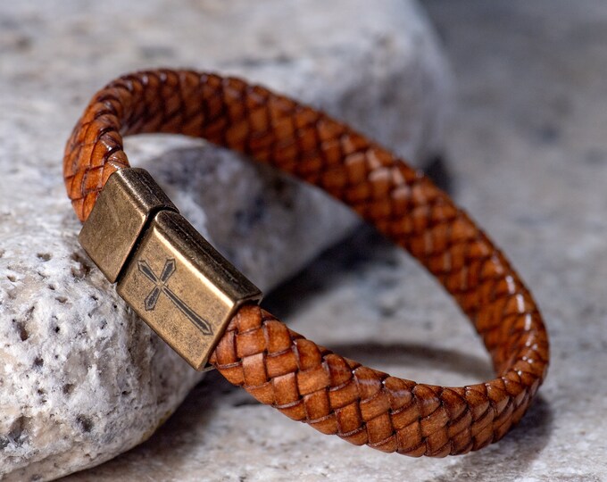 Personalized Braided Leather Bracelet, Custom Engraved Name Cuff