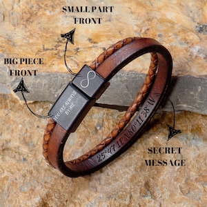 Men Gift Ideas ,Leather Coordinates Bracelet,Personalized Gift, Full Grain Leather Mens Bracelet,Handmade Jewelery, Custom Leather Cuff,