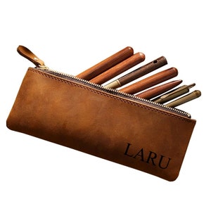 Personalized Top Grain Leather Pen Pouch ,Back To School ,Handmade, Stationery Gift,Teacher Farewell Gift,Customized Leather Zipper Pen Case