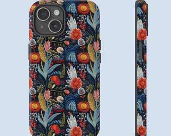 Blue Floral Embroidery Print iPhone Case, Cottagecore Aesthetic Gift, iPhone 15 14 Plus Pro Max 13 12 11 Pro Max Mini XR XS X 8 Plus