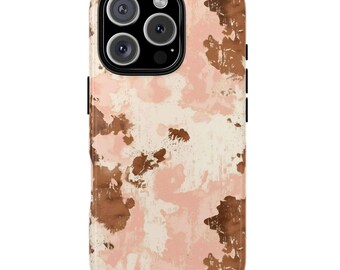 Étui pour téléphone à imprimé bohème en peau de vache rose marron, iPhone 16 modèles Google Samsung, protection durable, joli cadeau pour elle, étui esthétique occidental