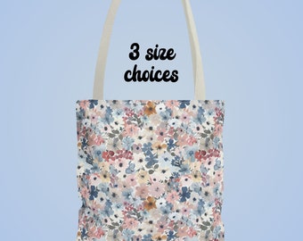 Pretty Pink Blue Floral Tote Bag, Teacher Gift, Mother Grandma Gardener Friend Gift, Shopping Books Commuter Beach Weekend Overnight Bag