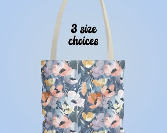Denim blue floral print Tote Bag, Teacher Gift School Book Club Bag, Shopping Commuter Beach Weekend, 3 sizes