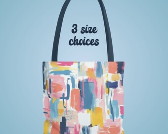 Funky Modern Painted Look Print Tote Bag, Blues Pinks Colorful Bag, Farmers Market Shopping School Book Commuter Beach Weekend Overnight Bag