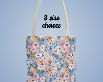 Garden Floral Tote Bag, Pink Denim blue Yellow Print, Gift for Gardener Teacher Mother Grandma, Shopping Book Beach Weekend Overnight Bag