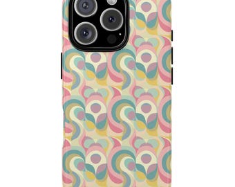 Retro Cool iPhone 16 Samsung Google Print Case, Pink Teal Purple Vintage Mid Century Design, Dual Layer Protective Case iPhone 15 14 13 12