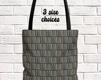 Black Trendy Striped Tote Bag, Cute Colorful Striped, Farmers Market Commuter School Book Weekend Bag, Birthday Mothers Day Teacher Gifts