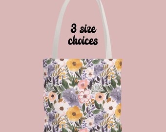 Sac fourre-tout à fleurs rose mauve, impression aquarelle fleurs tendance, cadeau d'anniversaire des mères, sac week-end livre de courses, cadeau enseignant jardinier