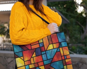 Bolso de mano con estampado de vidrieras de moda, bolso colorido amarillo rojo verde azulado, regalo de cumpleaños para mamá abuela amiga maestra, bolso de fin de semana de libro de compras