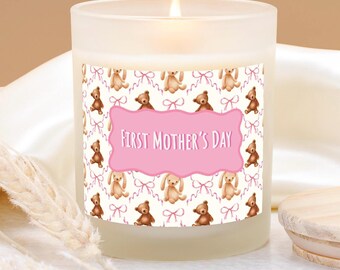 Bougie coquette noeuds et ours, verre dépoli coulé à la main 11 oz, cadeau d'anniversaire pour une nouvelle maman, maman et grand-mère, cire de soja et de noix de coco naturelle, 10 parfums