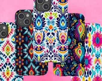 Coques pour iPhone à motifs colorés bohèmes, Coque de protection brillante double couche, iPhone 15 14 Plus Pro Max 13 12 11 Pro Max Mini XR XS X 8 Plus