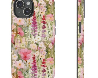 Étuis à imprimé jardin printanier de fleurs sauvages, aquarelle cottagecore, étuis de téléphone iPhone Google Samsung, cadeau pour jardinier, mère, grand-mère, ami