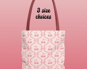 Coquette Cherries & Bows Tote Bag, Teens Bachelorette Mothers Day Teacher Gift, Shopping School Book Commuter Beach Weekend Overnight Bag