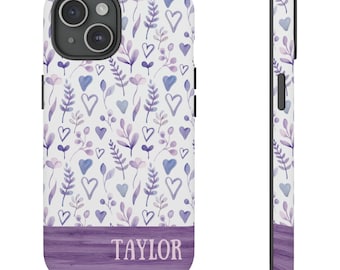 Très jolie coque personnalisée à imprimé aquarelle, coeurs de fleurs bleu violet bohème, coque de protection iPhone Google Samsung pour téléphone, cadeau pour ado, ami