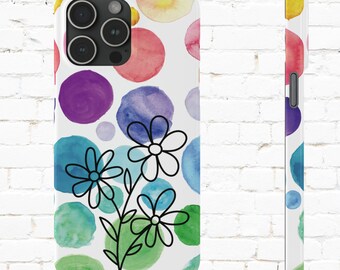 Coque de portable fine aquarelle fleurs et griffonnages iPhone 15 14 Plus Pro Max 13 12 11 Pro Max Mini XR XS X 7 8 Plus Slim