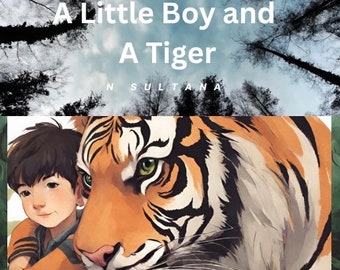 May include: A young boy with brown hair and a green shirt is hugging a large tiger. The tiger has orange and black stripes and a white chest. The background is a blue sky with trees.