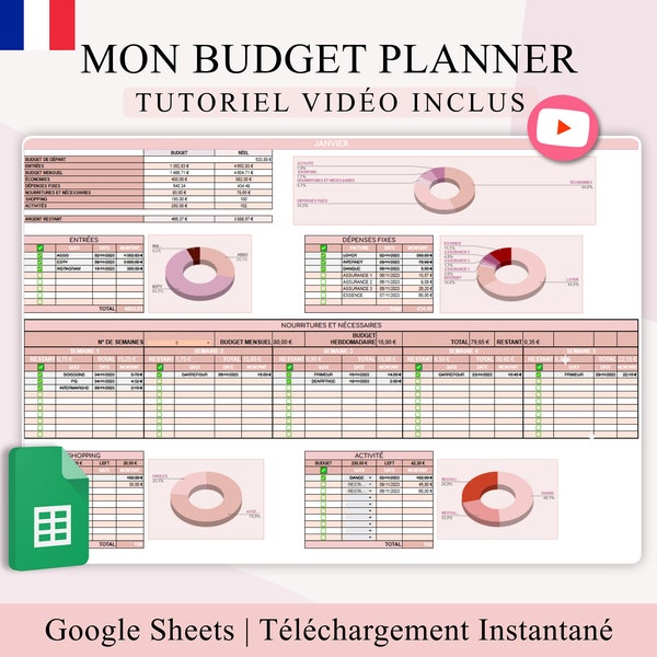Budget mensuel/annuel FRANÇAIS I Modèle Google Sheets, planificateur de budget digital, suivi des dépenses I Rose I EURO I Tuto vidéo inclus
