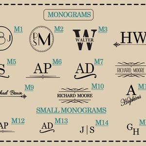 May include: A beige chart displaying fifteen black monogram designs labeled M1 through M15. The top section is titled MONOGRAMS and the bottom section is titled SMALL MONOGRAMS. Each design features unique typography, initials, and decorative lines.