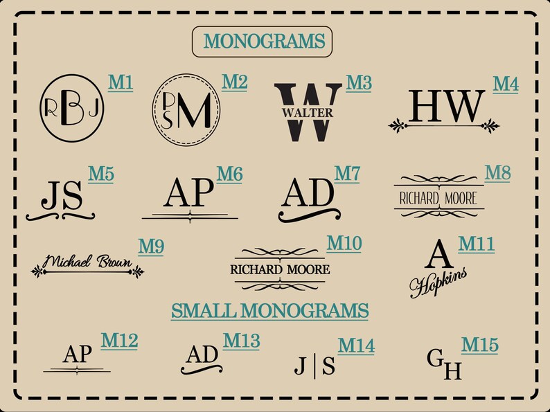 May include: A beige chart displaying fifteen black monogram designs labeled M1 through M15. The top section is titled MONOGRAMS and the bottom section is titled SMALL MONOGRAMS. Each design features unique typography, initials, and decorative lines.