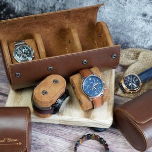 Gift For Him, Leather Watch Case, Watch Box For Men, Brown Travel Watch Box, Leather Watch Roll, Groom Gift, Valentine&#39;s day Gift for him